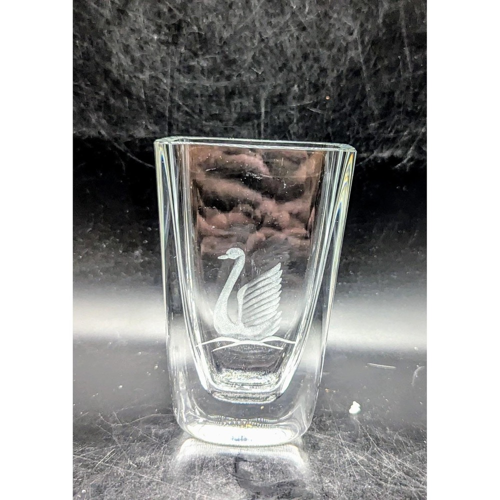 Vintage Lindshammer Etched Clear Crystal Vase Swan Bird 5.5" Signed Scandinavian
